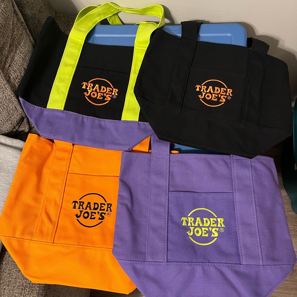 Trader Joe's Tote Bags in Black, Orange, and Purple 4pk